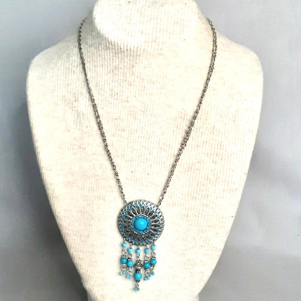 💎Southwestern Pendant Necklace Silver Tone Chain Aqua Beads